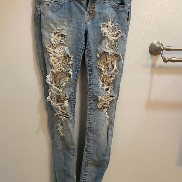 Silver Light Wash Ripped Jeans with Floral Lace, W25 x L31 - Picture 1 of 2